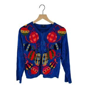 Vintage Eagle's Eye Christmas Ornament Chenille Cardigan Royal Blue Size M